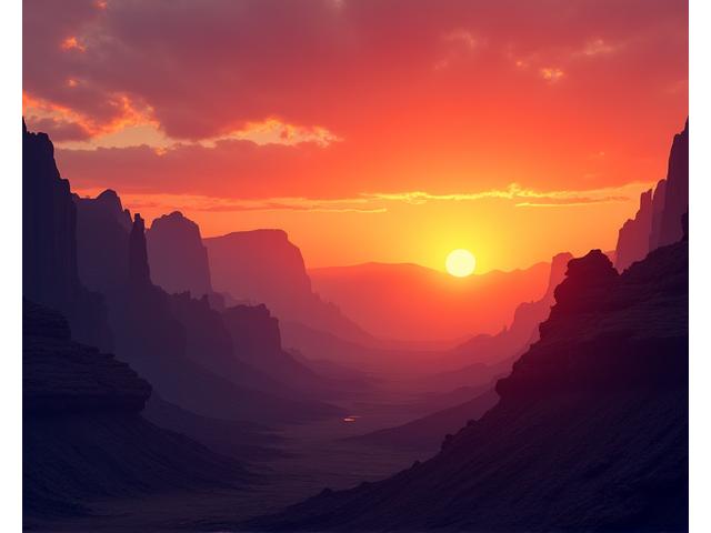 Montagnes désertiques escarpées teintes en orange et violet par le coucher de soleil.